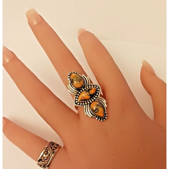 Bumblebee Jasper 3 stone large sterling ring s10 (1570) - Picture 2 of 6